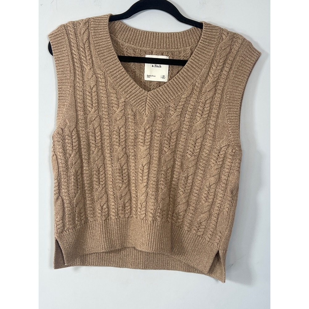 Abercrombie & Fitch Womens Tan Cable Knit V-Neck Sweater Vest XS Preppy Chic